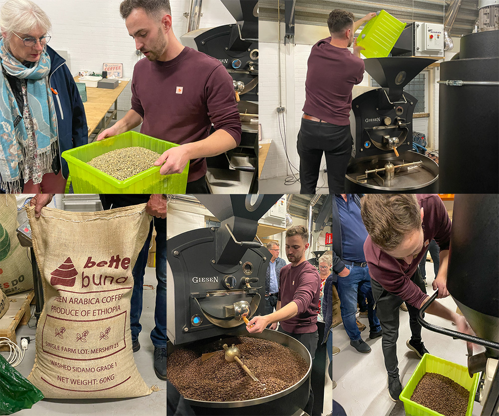 Een collage van het bedrijfsbezoek van Lionsclub Raalte aan Liefveld Coffee